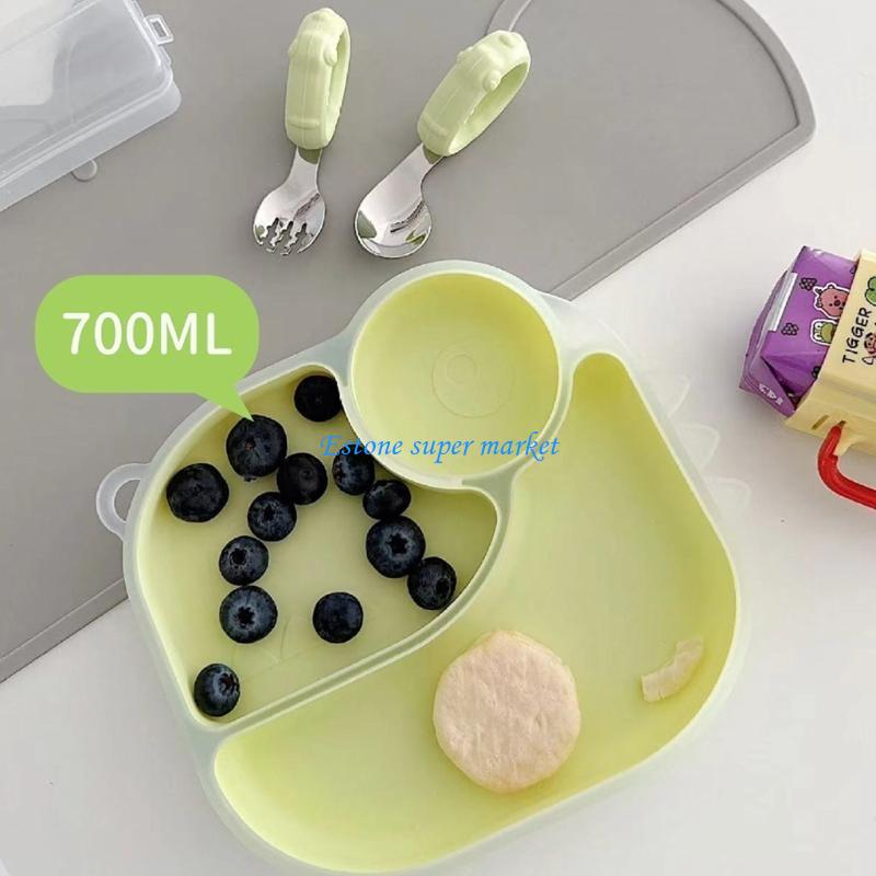 Baby Led Weaning Set - 090B シリコン製幼児用ダイニングセット 赤ちゃん用スプーン フォーク付き吸引プレートが完成