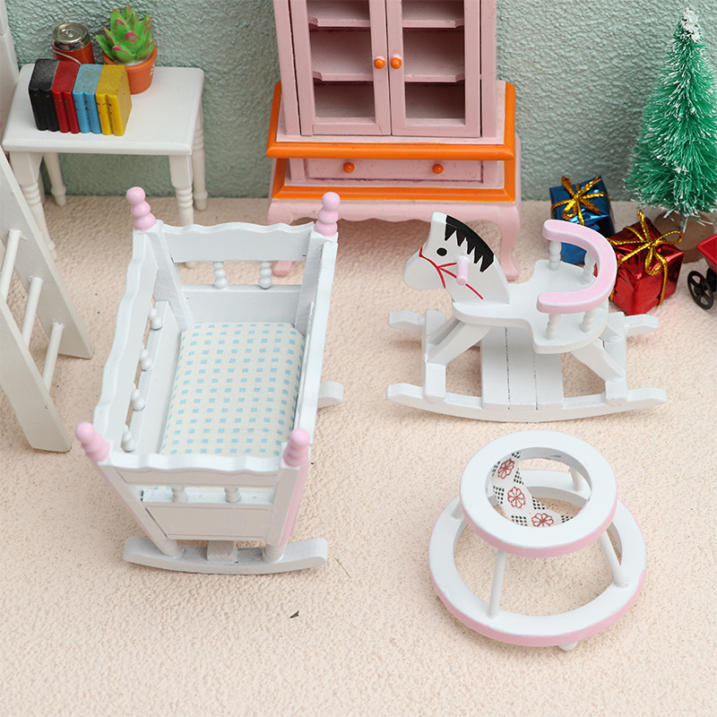Baby Products - 3個セット 1/12スケール ミニ木製子供用ゆりかご 小型木製馬とゴーカート ベビーウォーカーモデル 6インチボディ用